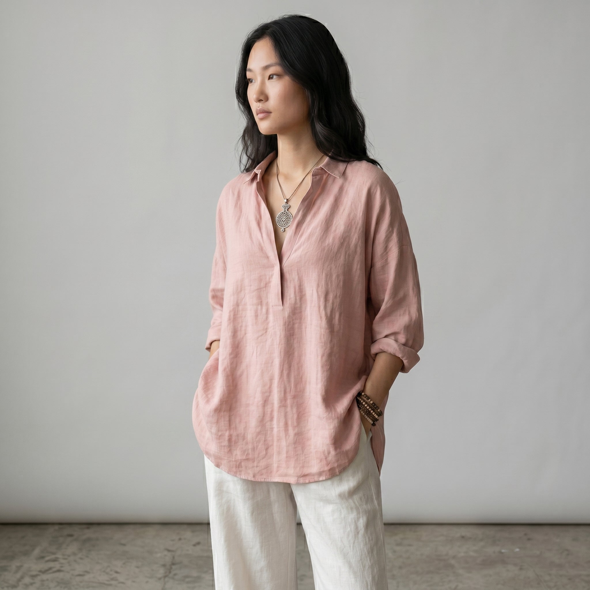 Women's Button-Front Linen Shirt with Wide Sleeves