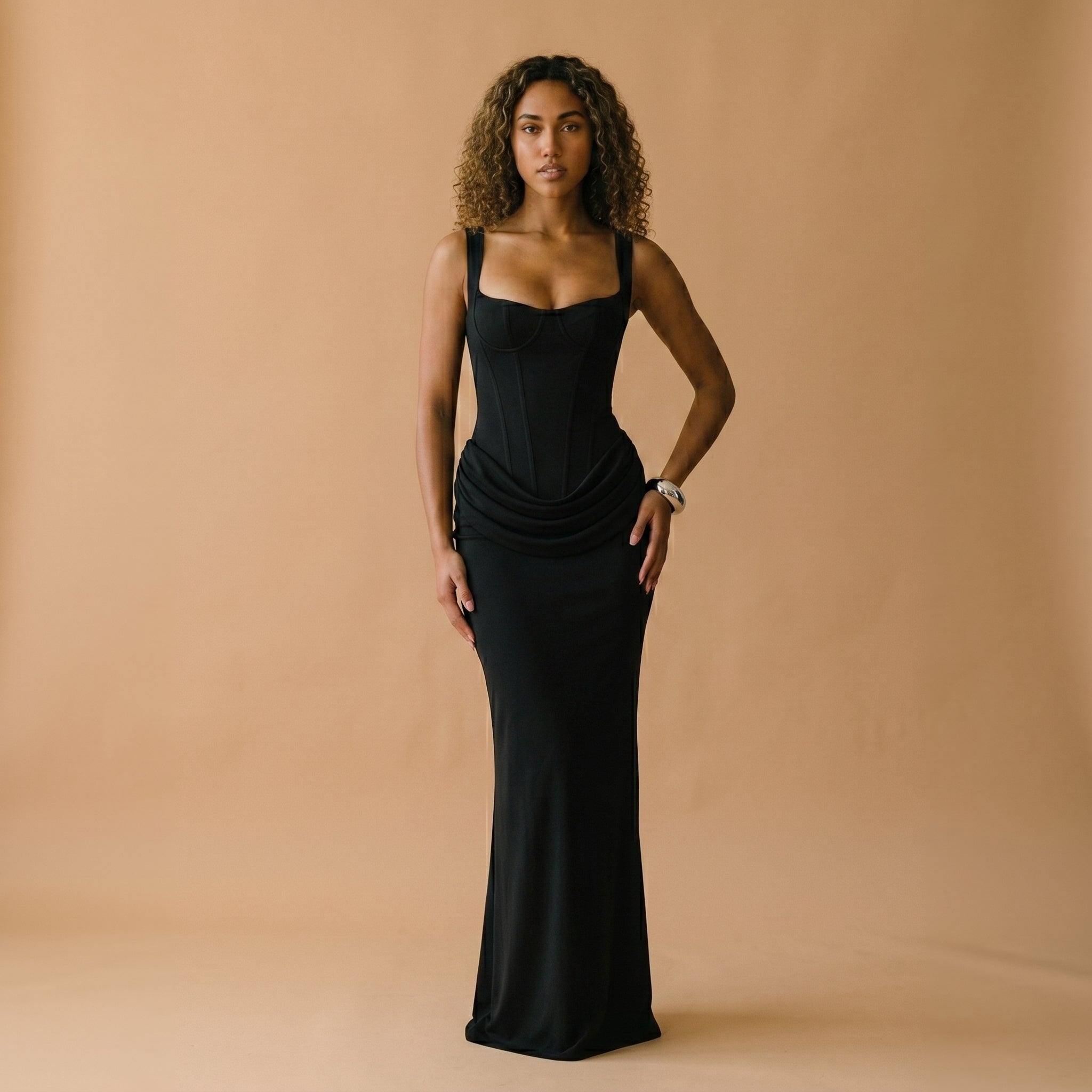 Women's Fitted Maxi Dress with Deep Neckline