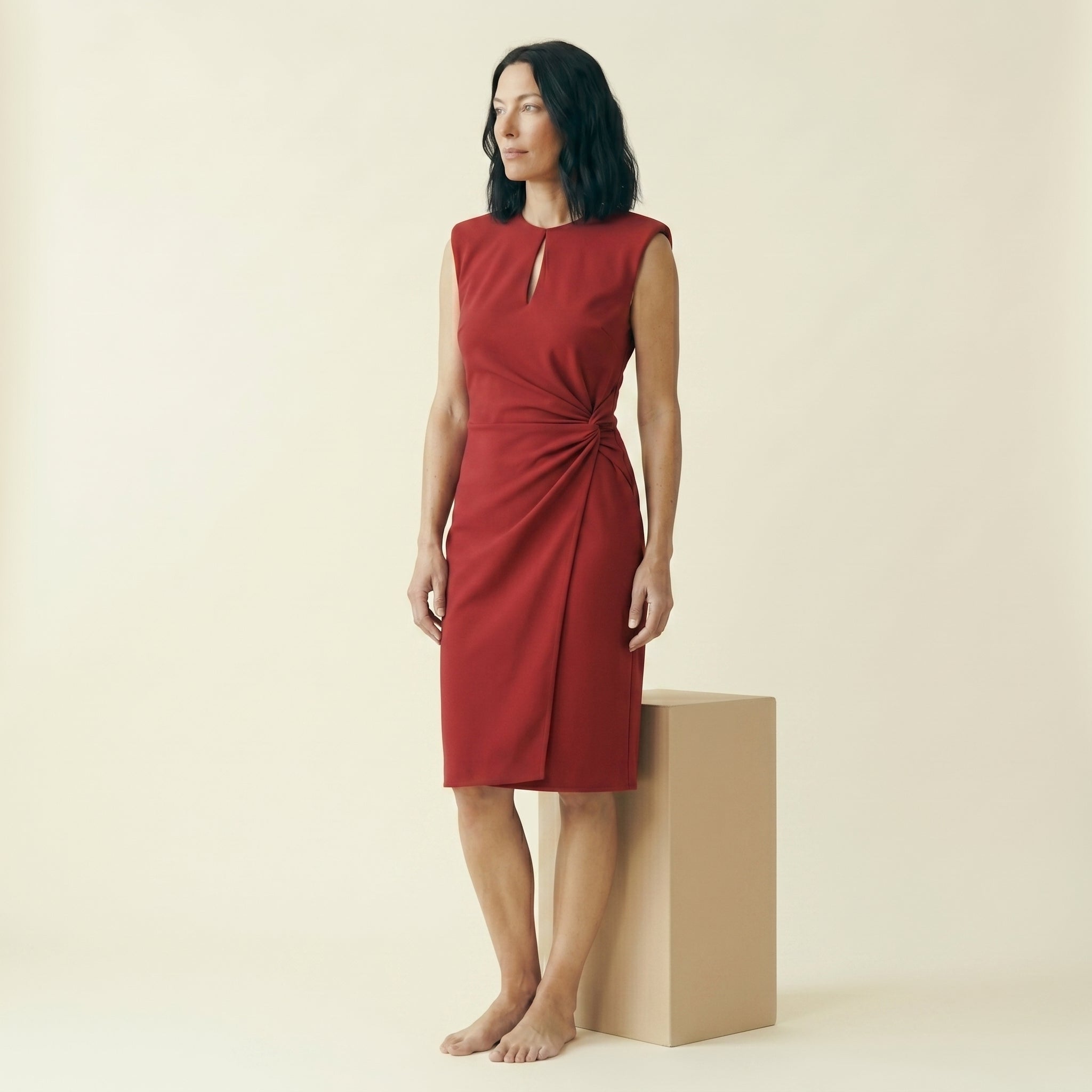 Women's Keyhole Neck Midi Cocktail Dress - Ruched Waist