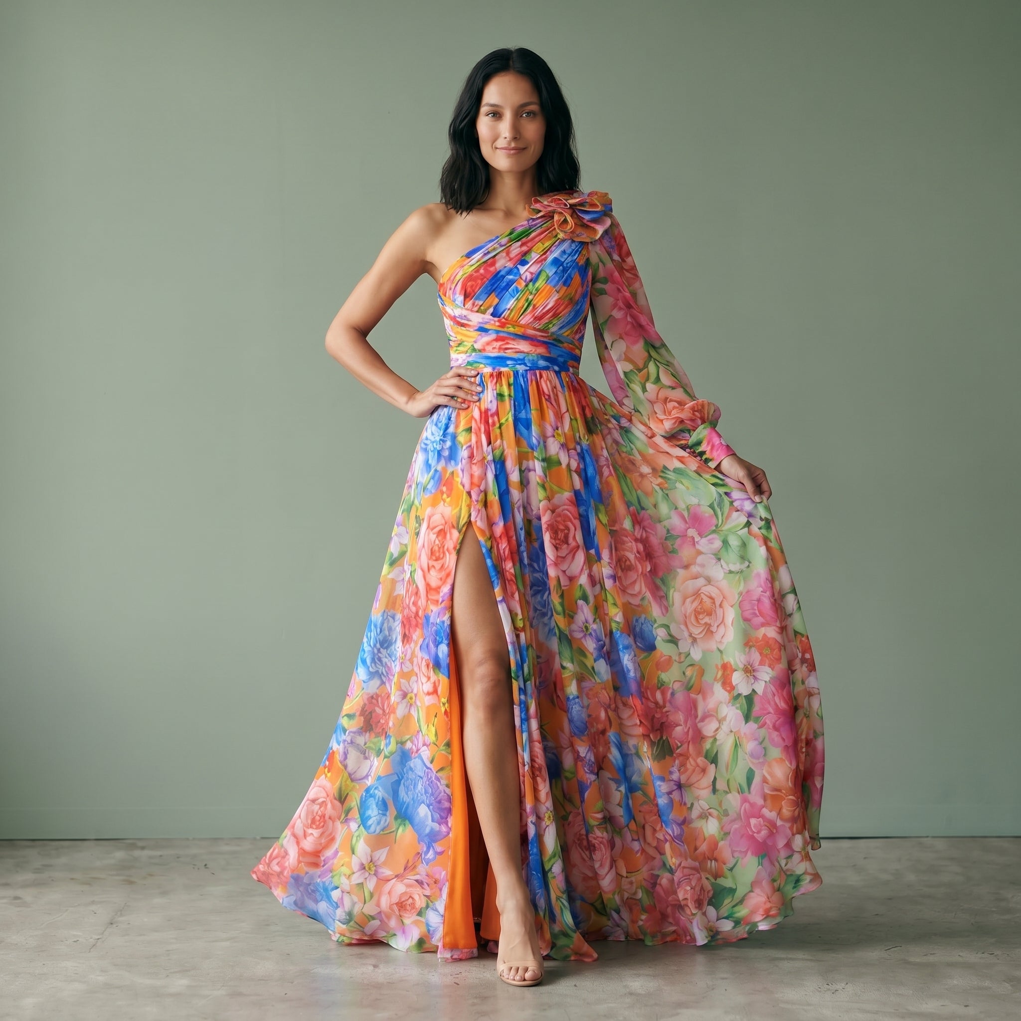 Women's One-Shoulder Floral Maxi Dress with Side Slit