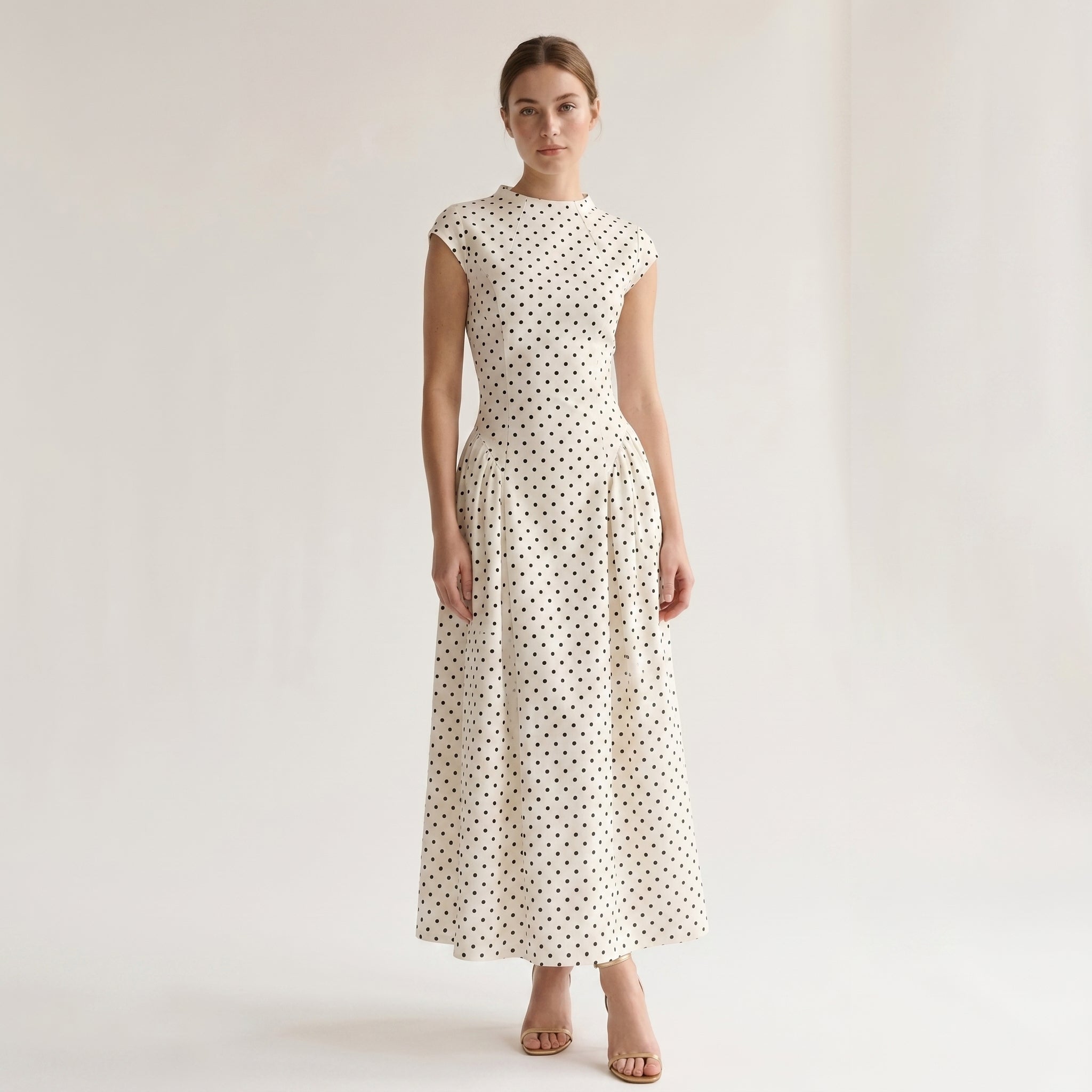 Women's Polka Dot Maxi Dress - High Neck - Cap Sleeve