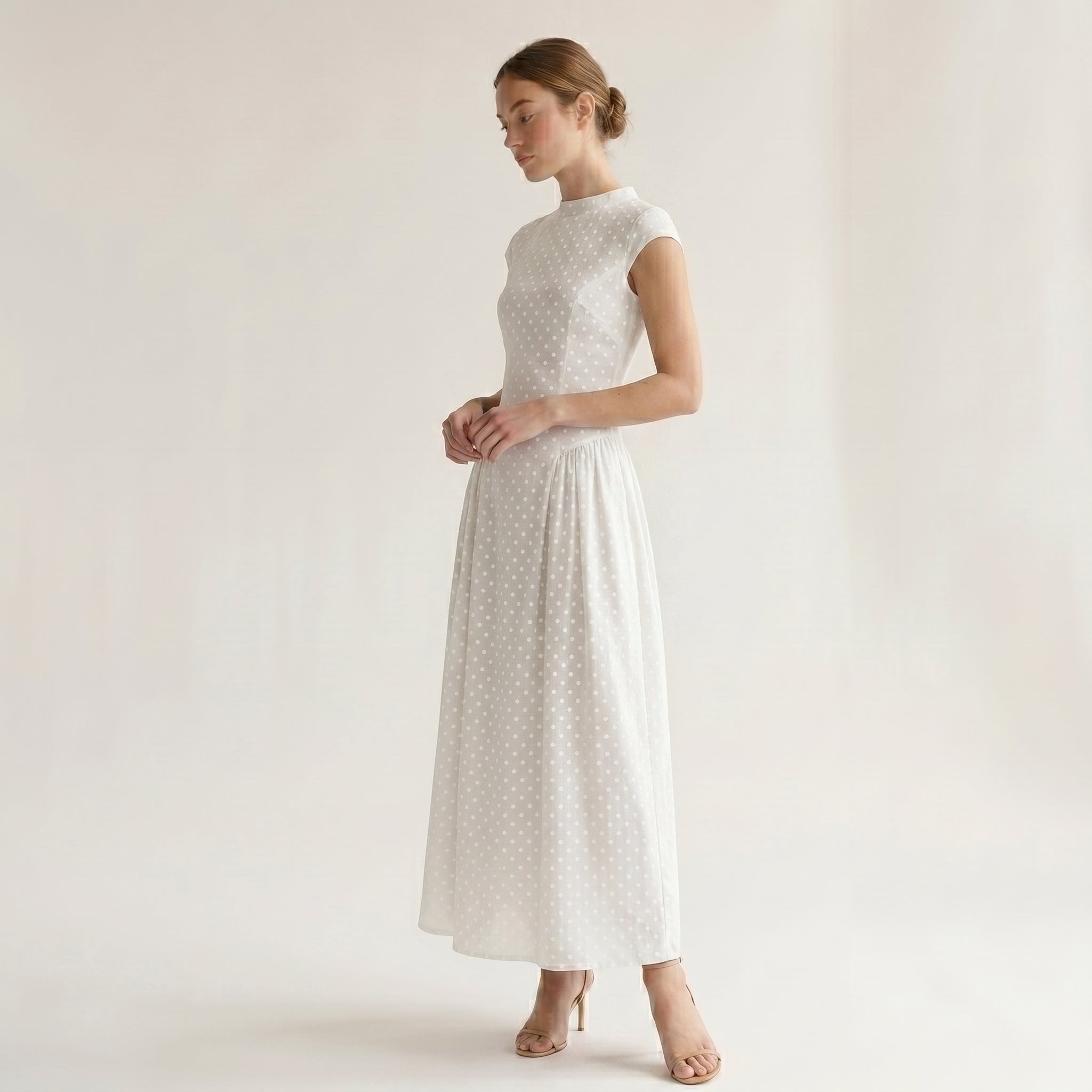Women's Polka Dot Maxi Dress - High Neck - Cap Sleeve