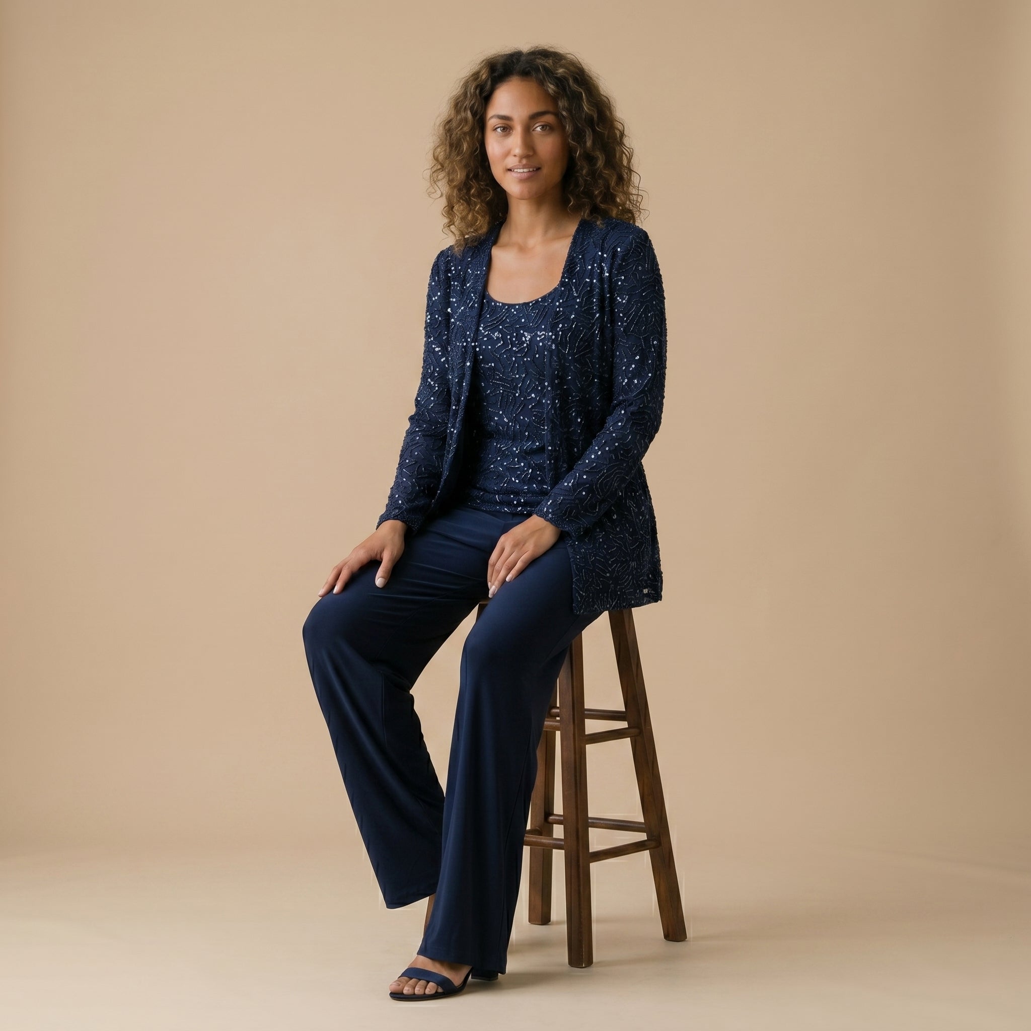 Women's Three-Piece Wide-Leg Trouser Suit with Sequin Lace Jacket