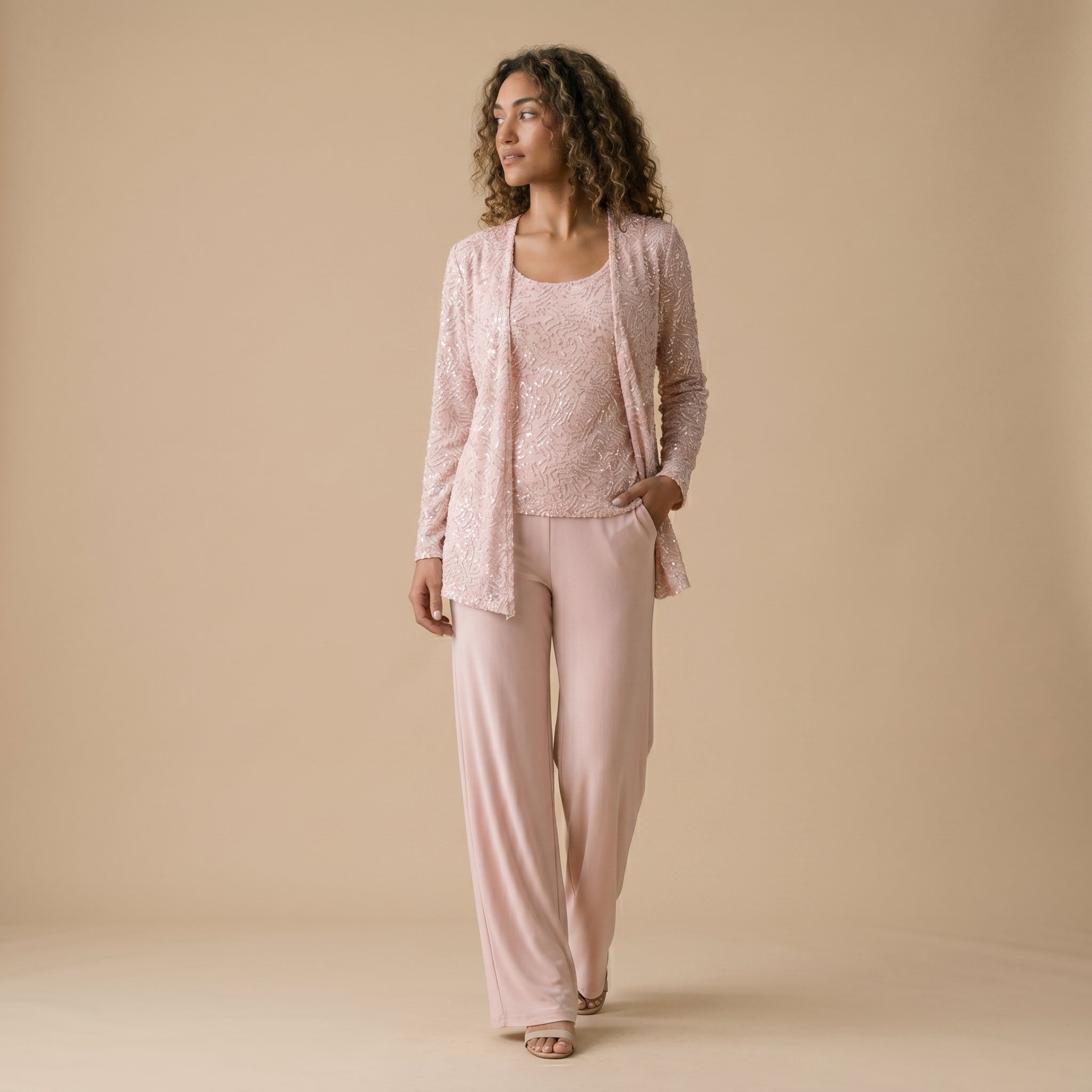 Women's Three-Piece Wide-Leg Trouser Suit with Sequin Lace Jacket