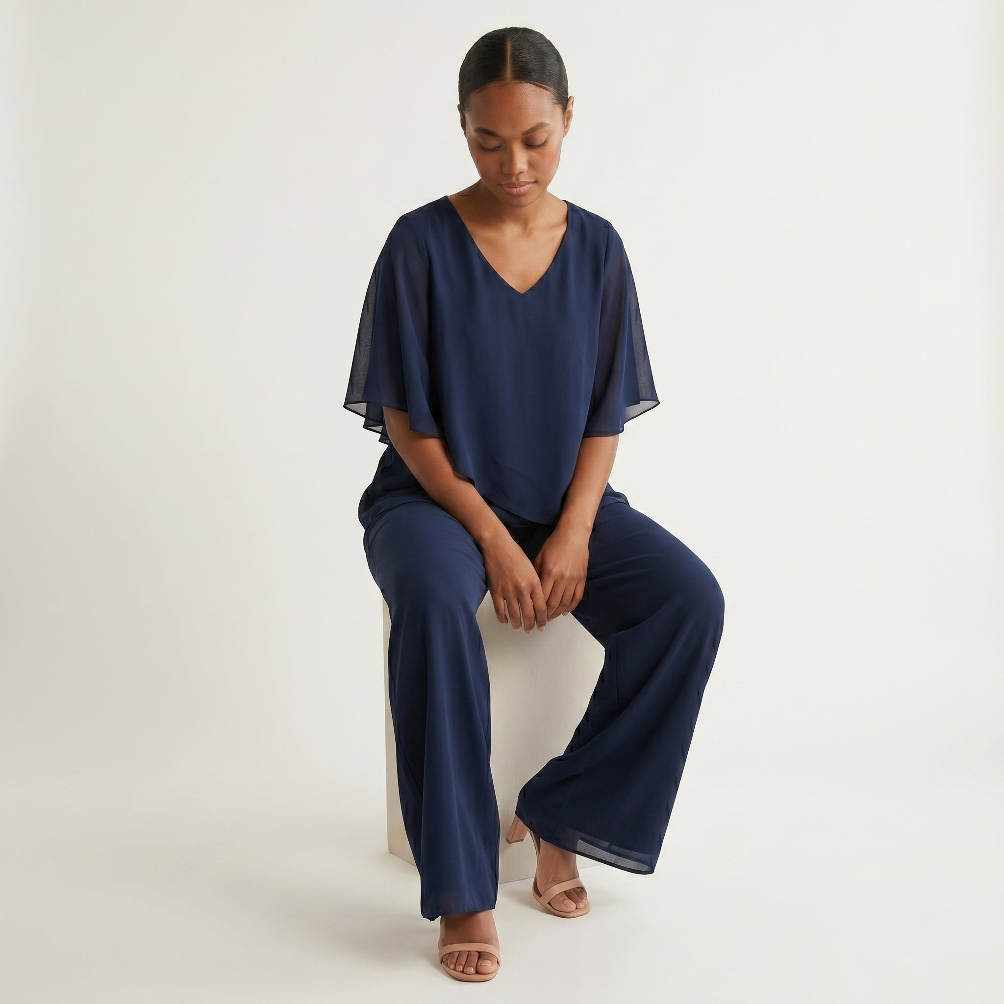 Women's V-Neck Batwing Sleeve Top and Wide-Leg Trousers Set