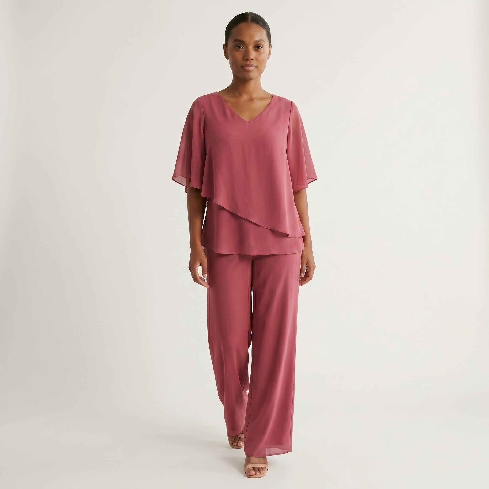 Women's V-Neck Batwing Sleeve Top and Wide-Leg Trousers Set
