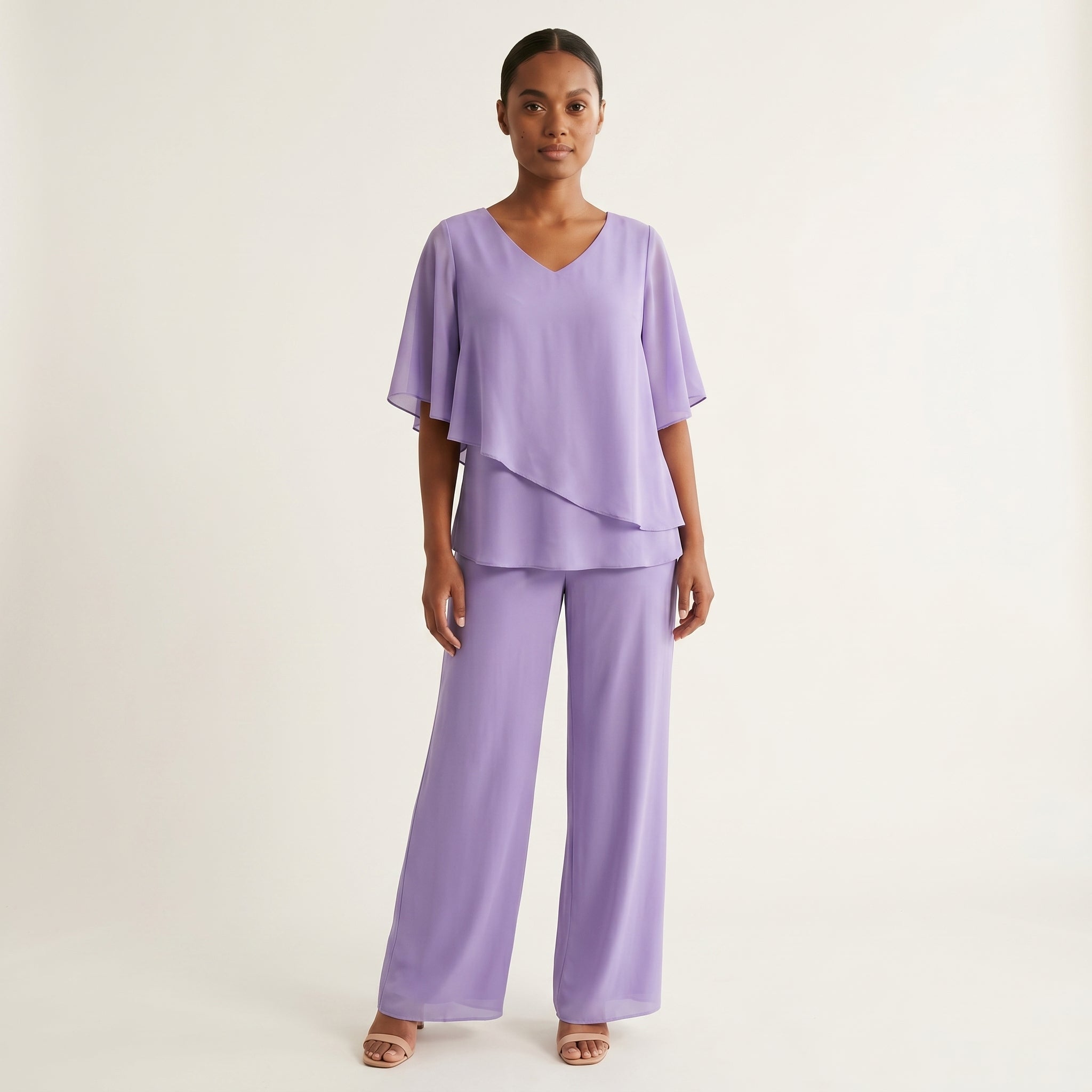 Women's V-Neck Batwing Sleeve Top and Wide-Leg Trousers Set