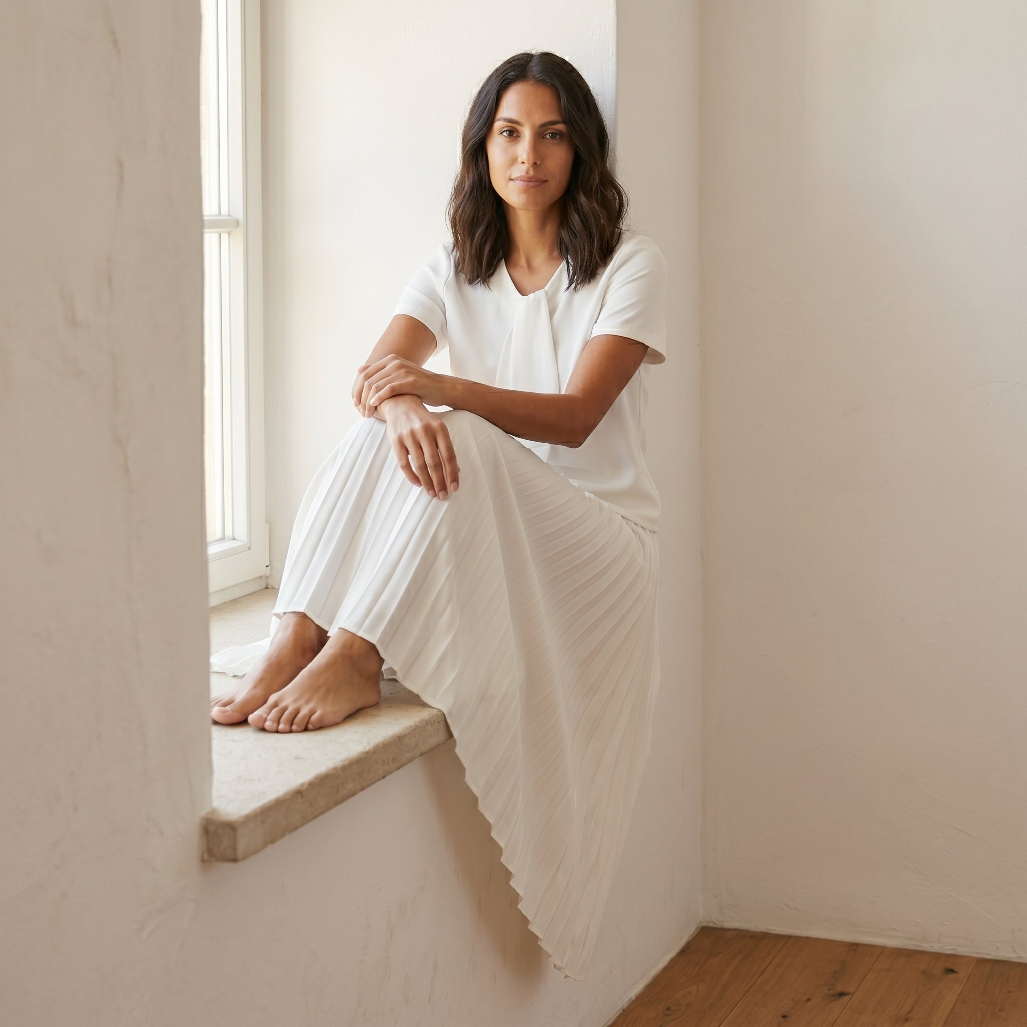 Women's White Pleated Maxi Two-Piece Set