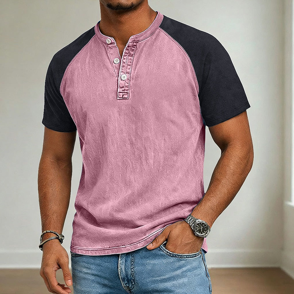 Men's Acid-Wash Cotton Henley-Shirt-Azzella London