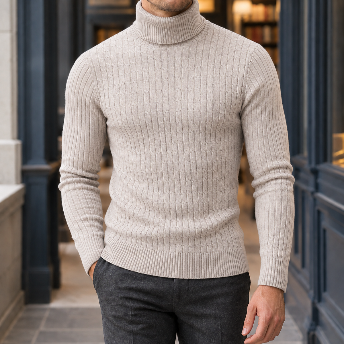 Men's Cable Texture Turtleneck Sweater-Azzella London
