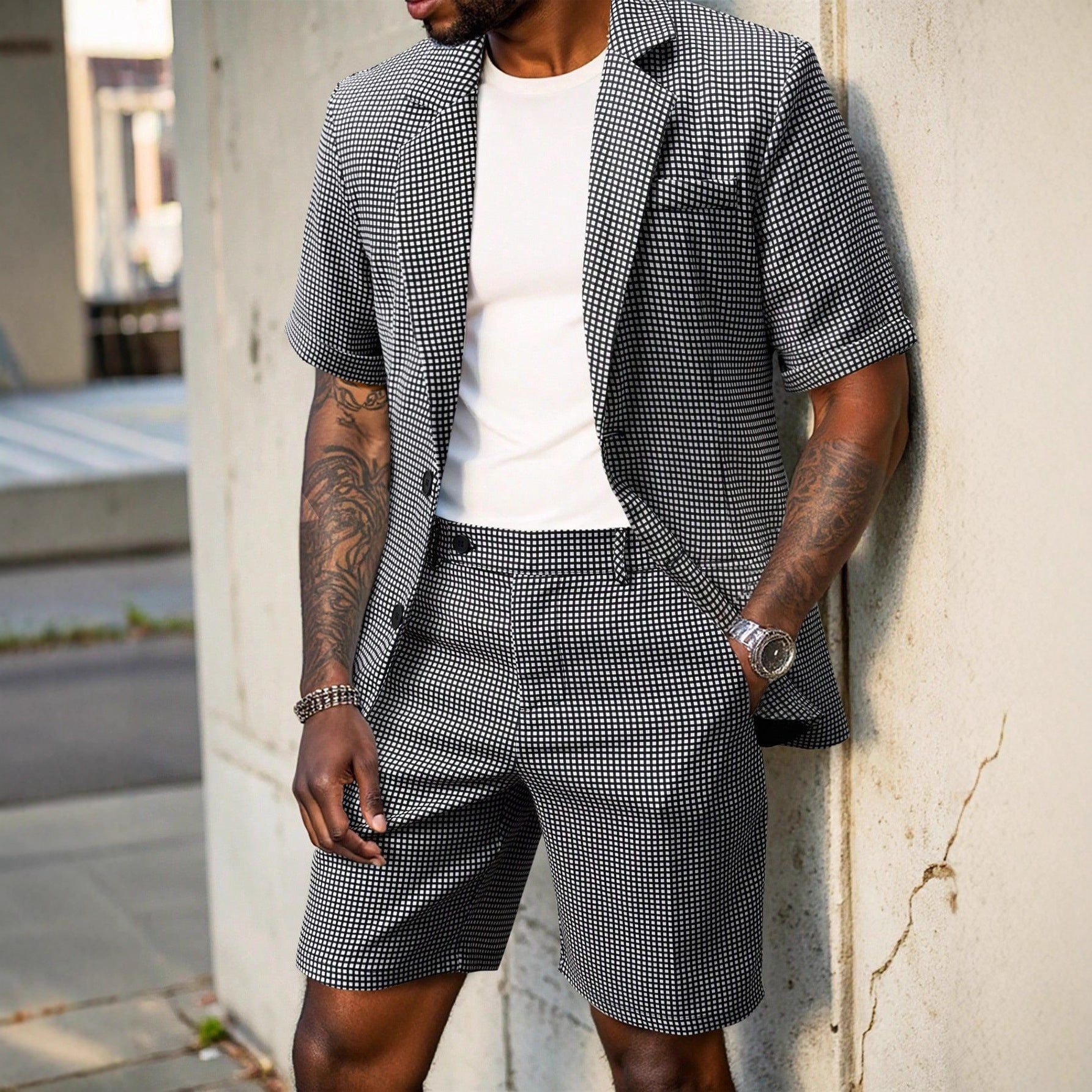 Men's Check Blazer & Shorts Set-Clothing Set-Azzella London