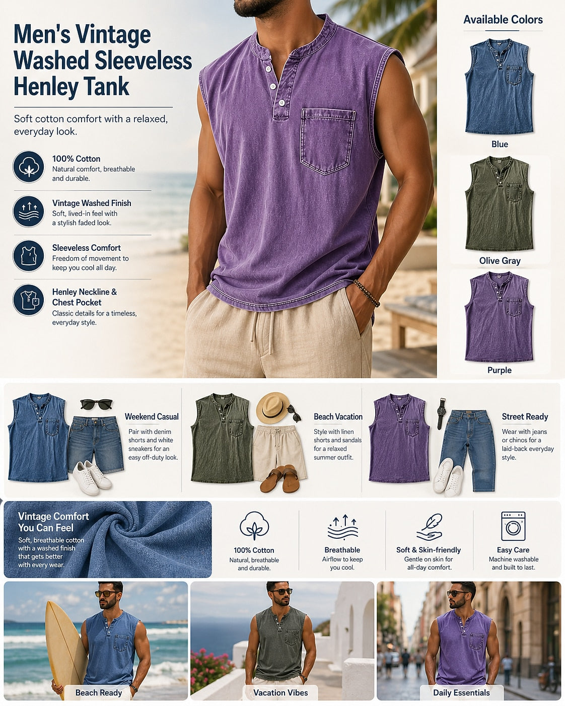 Men's Cotton Henley Tank Top-Tank Top-Azzella London