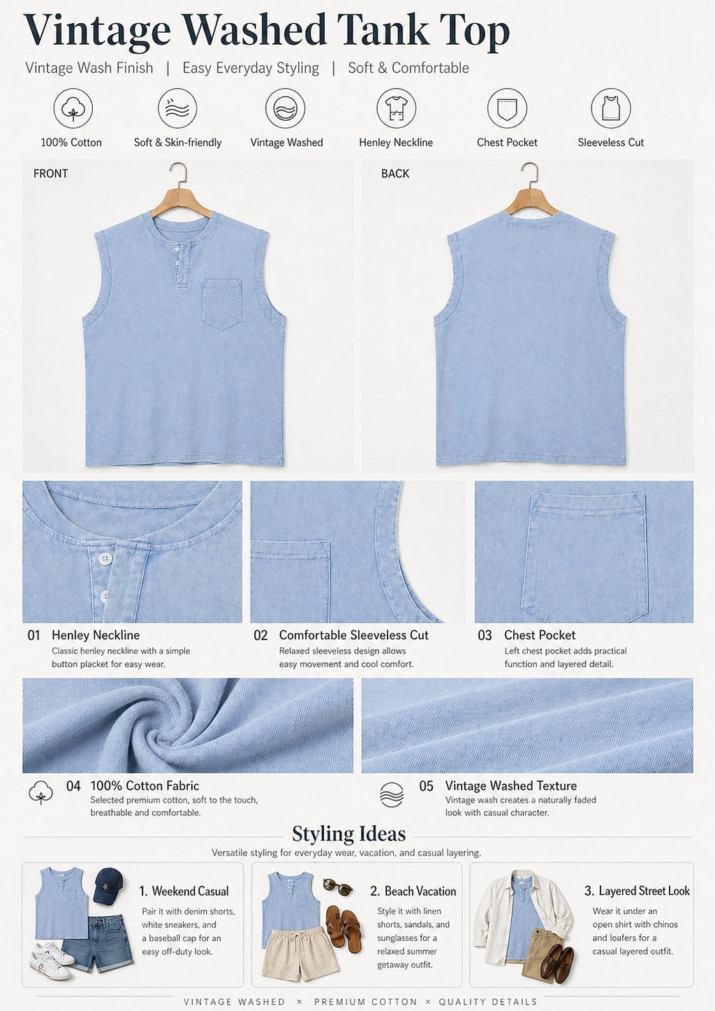 Men's Cotton Henley Tank Top-Tank Top-Azzella London