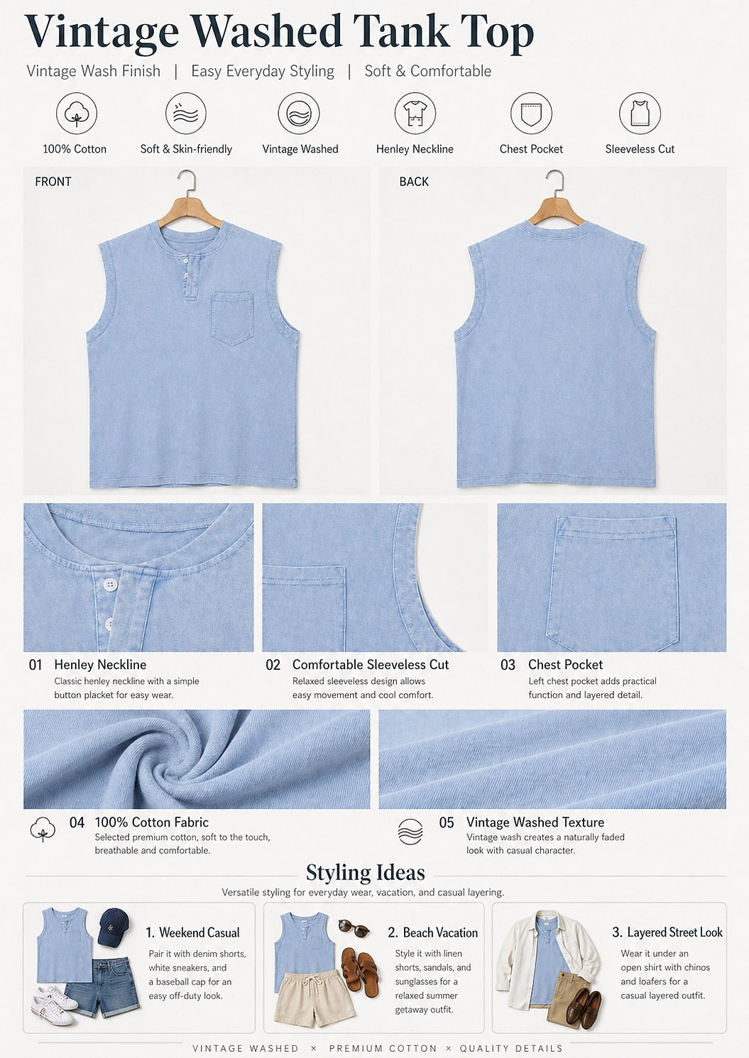 Men's Cotton Henley Tank Top-Tank Top-Azzella London