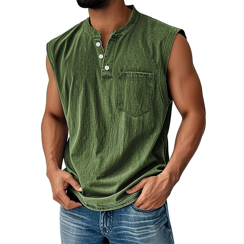 Men's Cotton Henley Tank Top-Tank Top-Azzella London