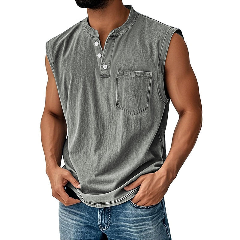 Men's Cotton Henley Tank Top-Tank Top-Azzella London