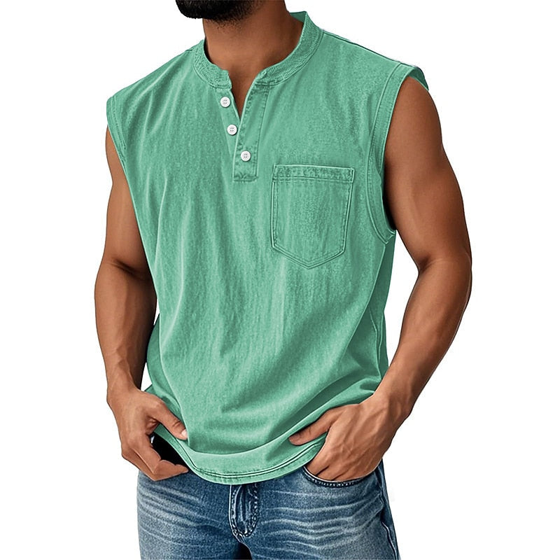 Men's Cotton Henley Tank Top-Tank Top-Azzella London