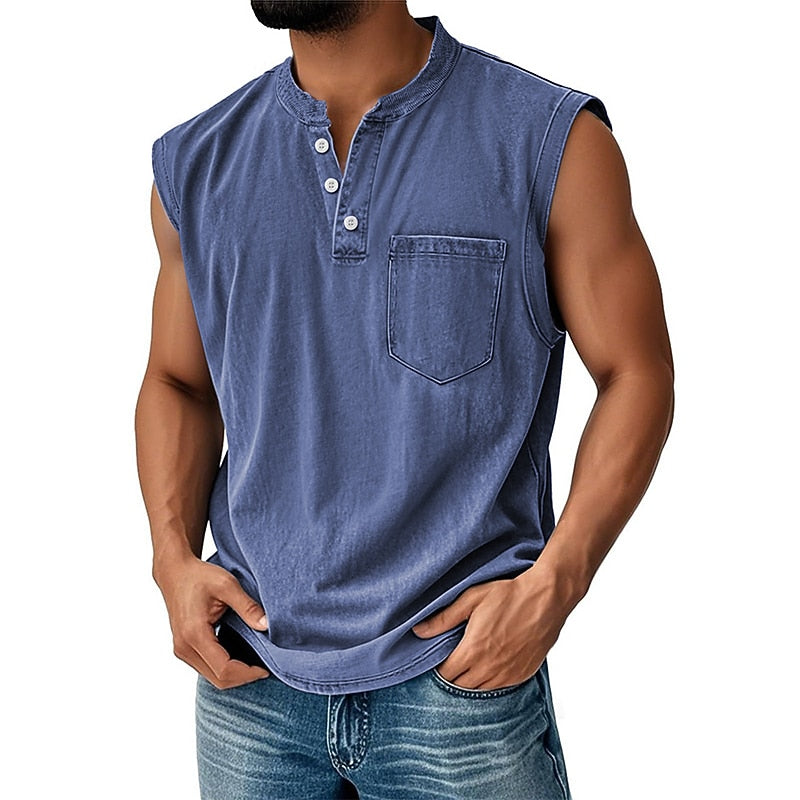 Men's Cotton Henley Tank Top-Tank Top-Azzella London
