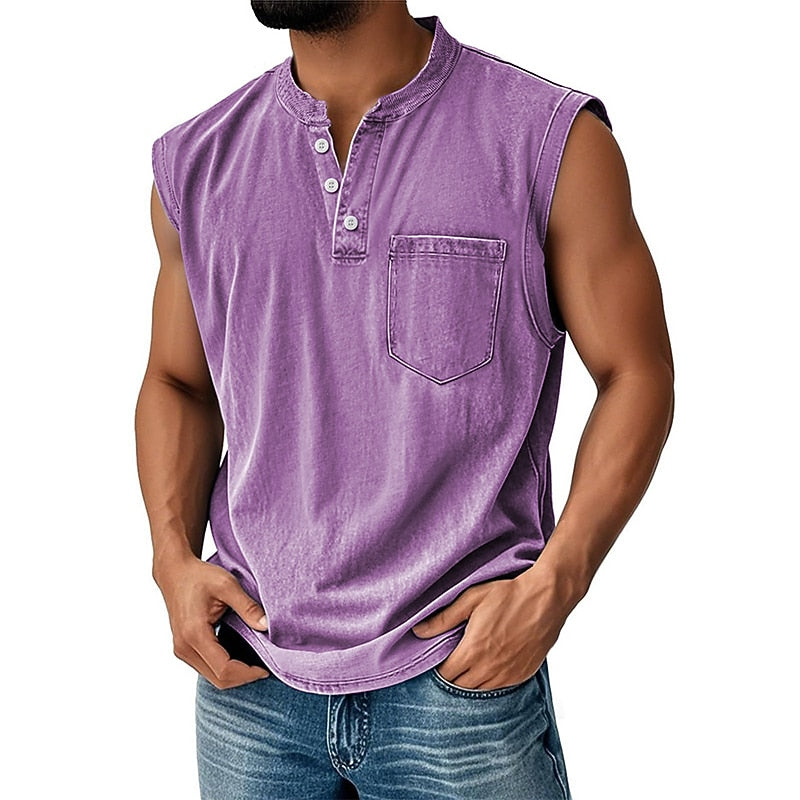 Men's Cotton Henley Tank Top-Tank Top-Azzella London