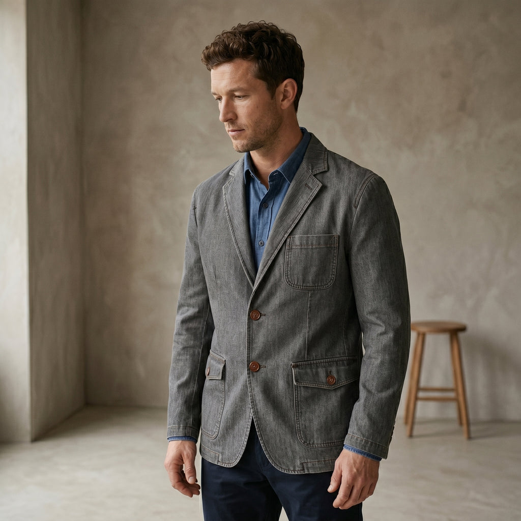 Men's Double-Breasted Denim Jacket-Azzella London