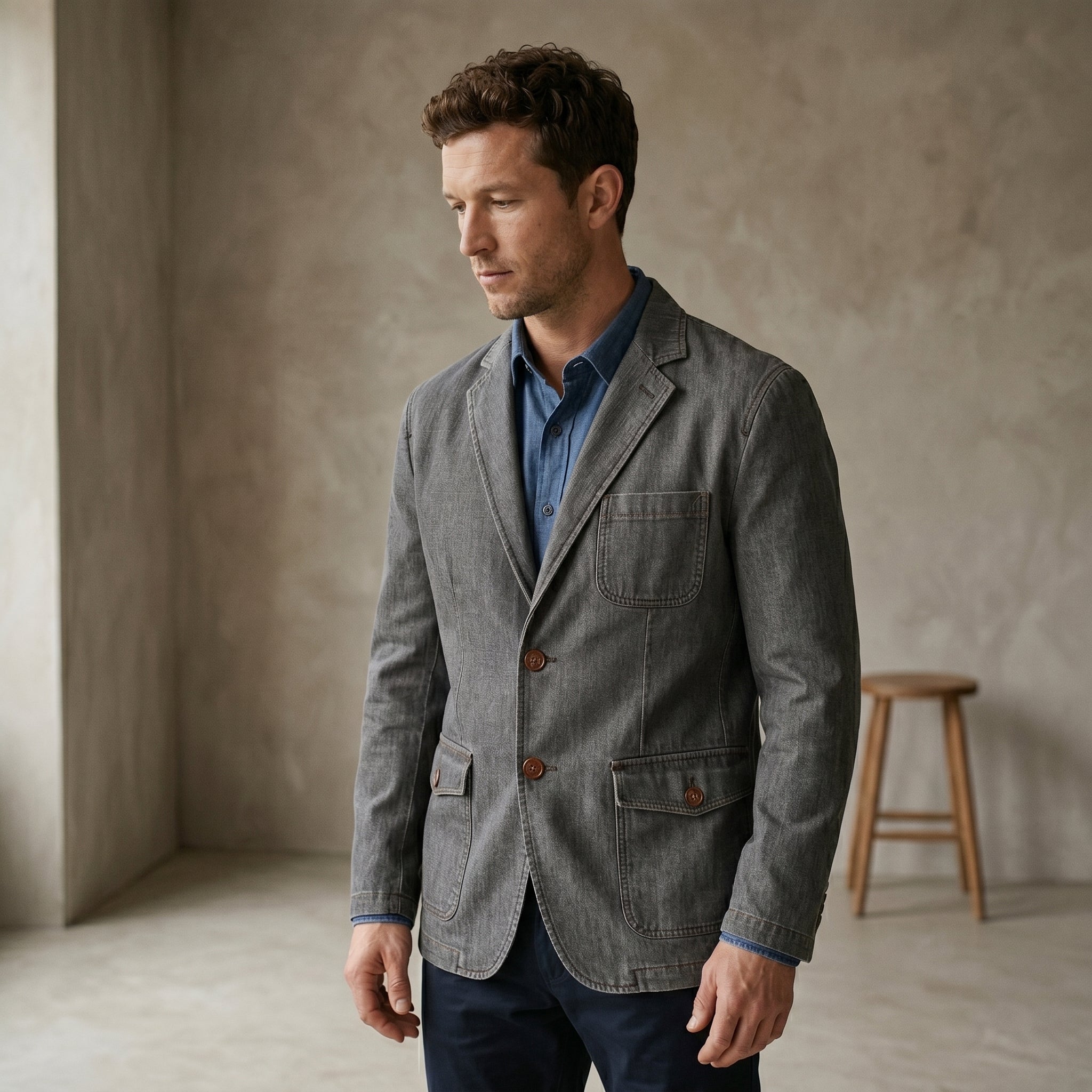 Men's Double-Breasted Denim Jacket-Azzella London