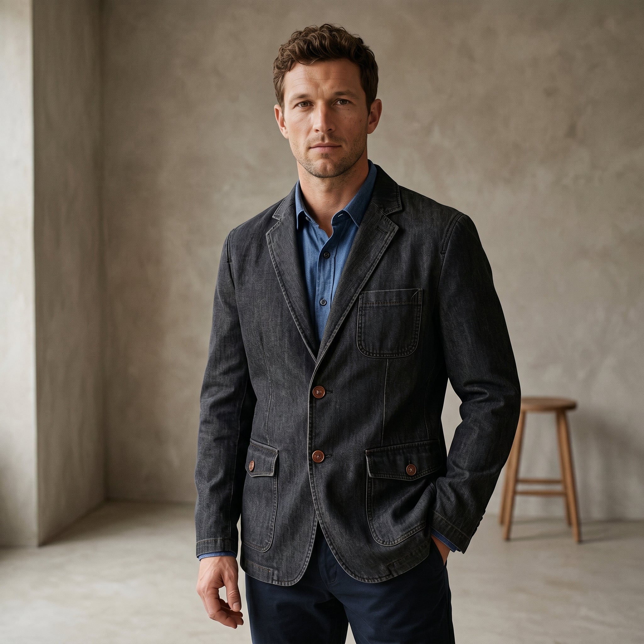 Men's Double-Breasted Denim Jacket-Azzella London