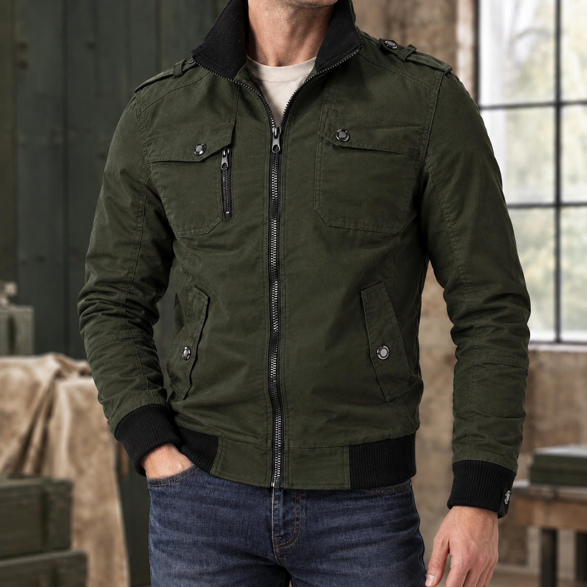 Men's Fitted Ribbed Utility Jacket-Azzella London