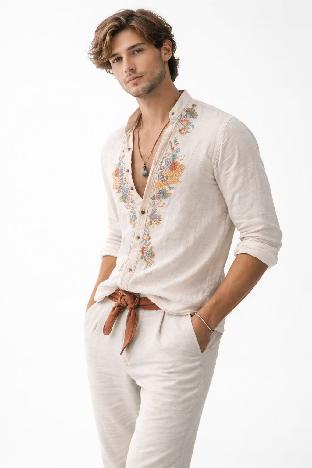 Men's Floral Embroidered Linen Shirt-Shirt-Azzella London