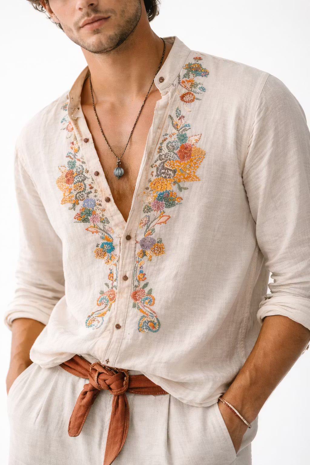 Men's Floral Embroidered Linen Shirt-Shirt-Azzella London