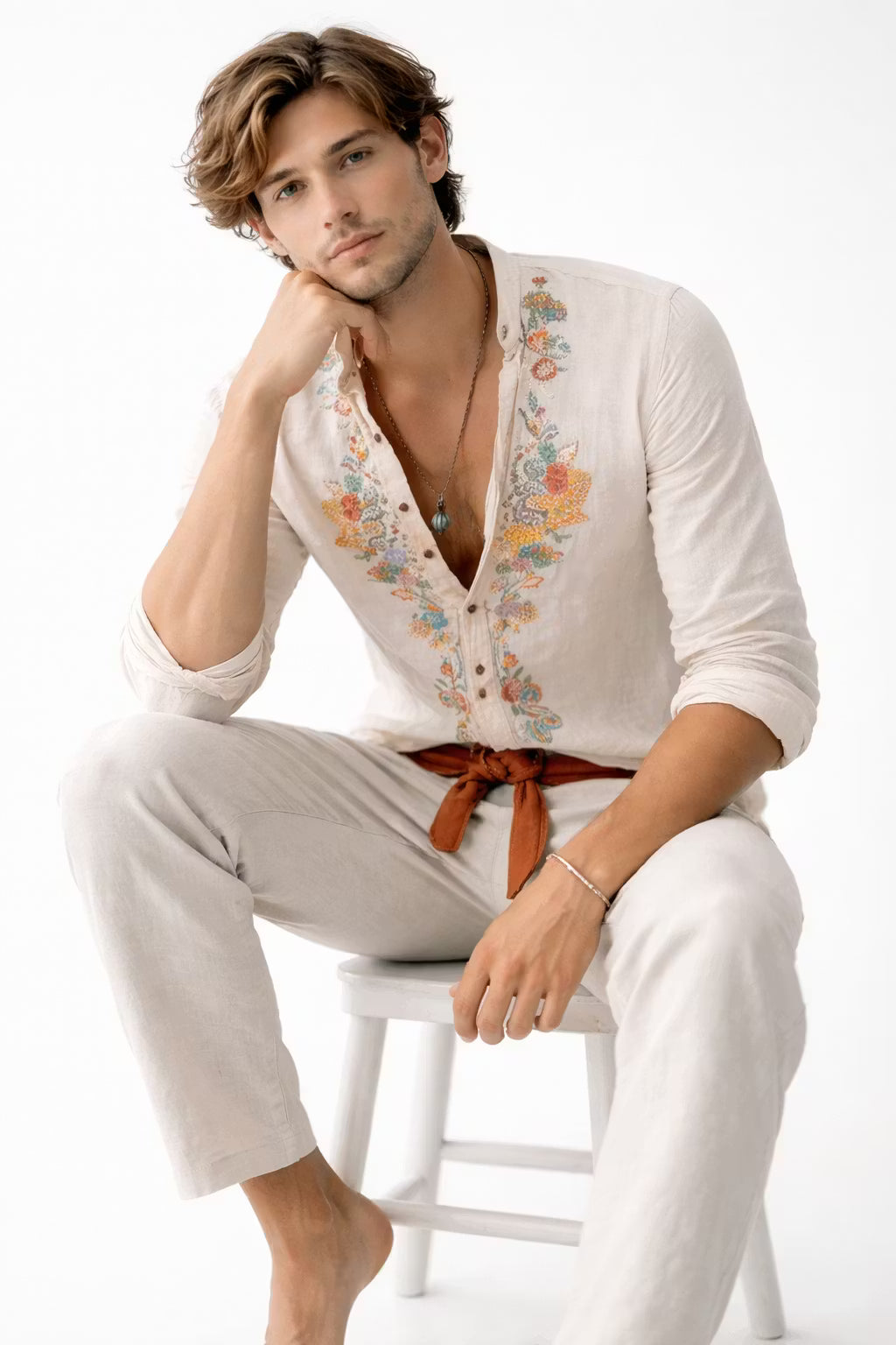 Men's Floral Embroidered Linen Shirt-Shirt-Azzella London