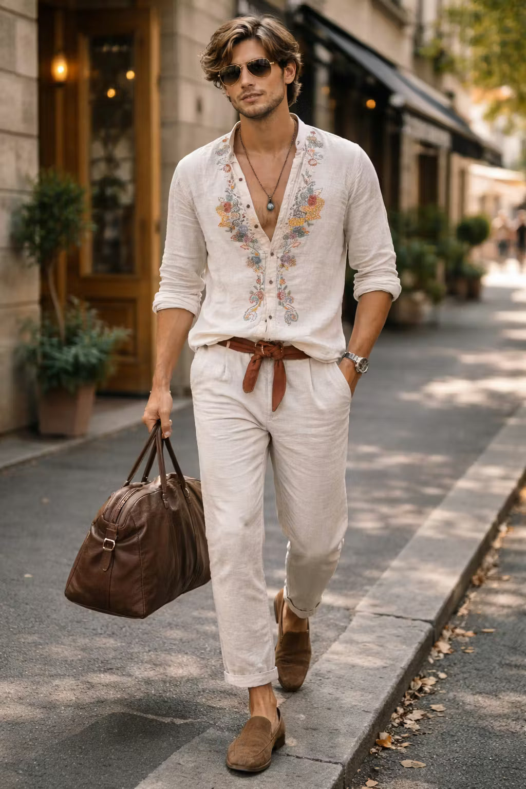 Men's Floral Embroidered Linen Shirt-Shirt-Azzella London
