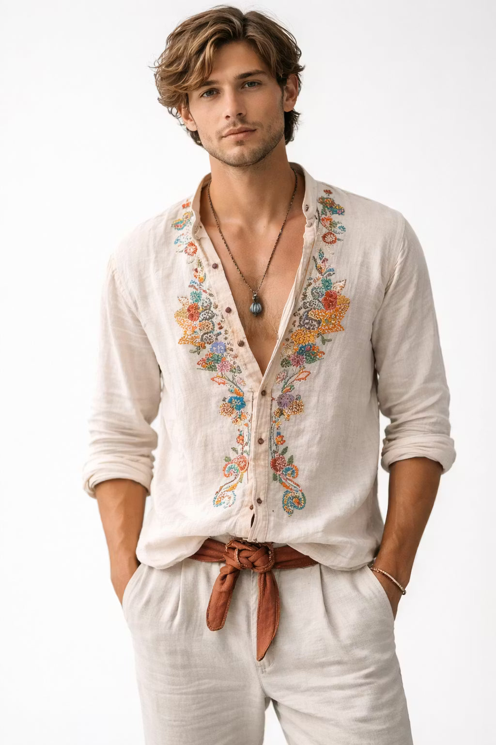 Men's Floral Embroidered Linen Shirt-Shirt-Azzella London