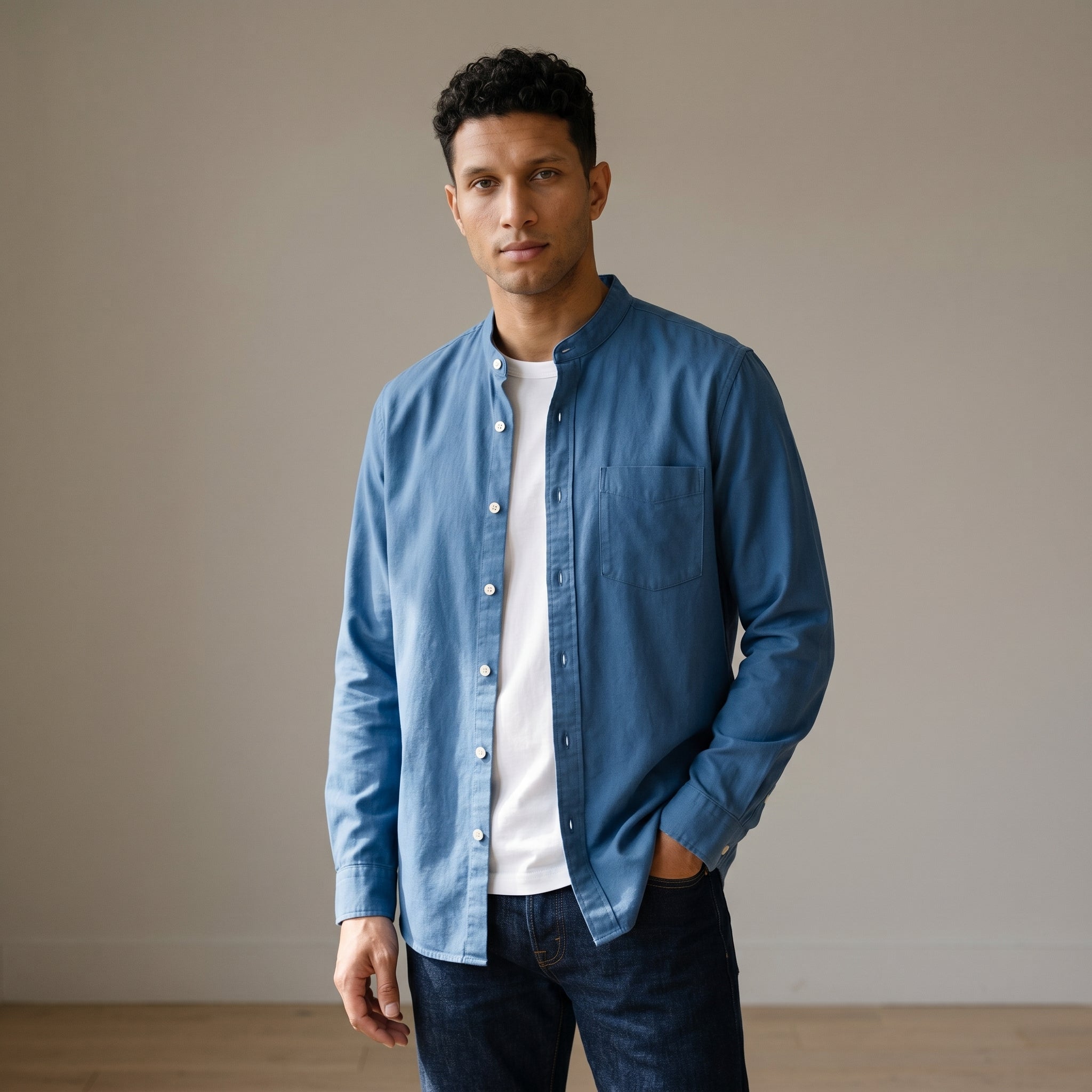 Men's Grandad-Collar Long-Sleeve Shirt-Azzella London