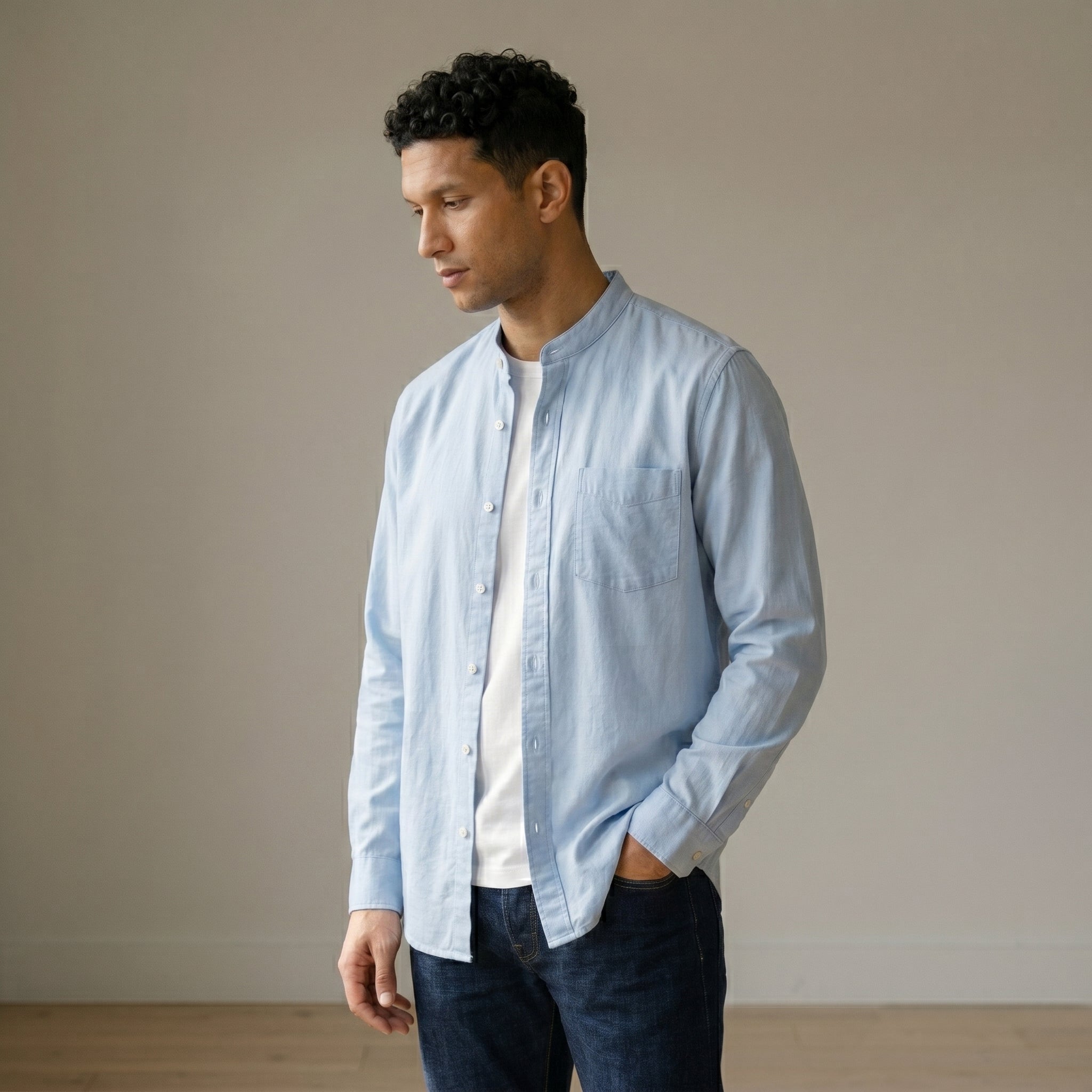 Men's Grandad-Collar Long-Sleeve Shirt-Azzella London