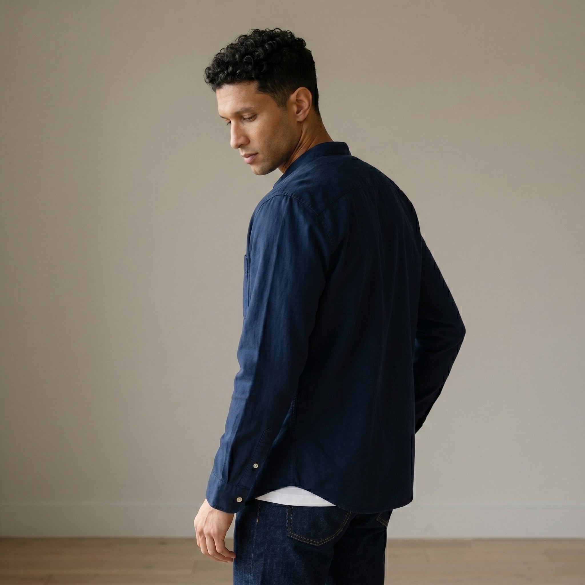 Men's Grandad-Collar Long-Sleeve Shirt-Azzella London
