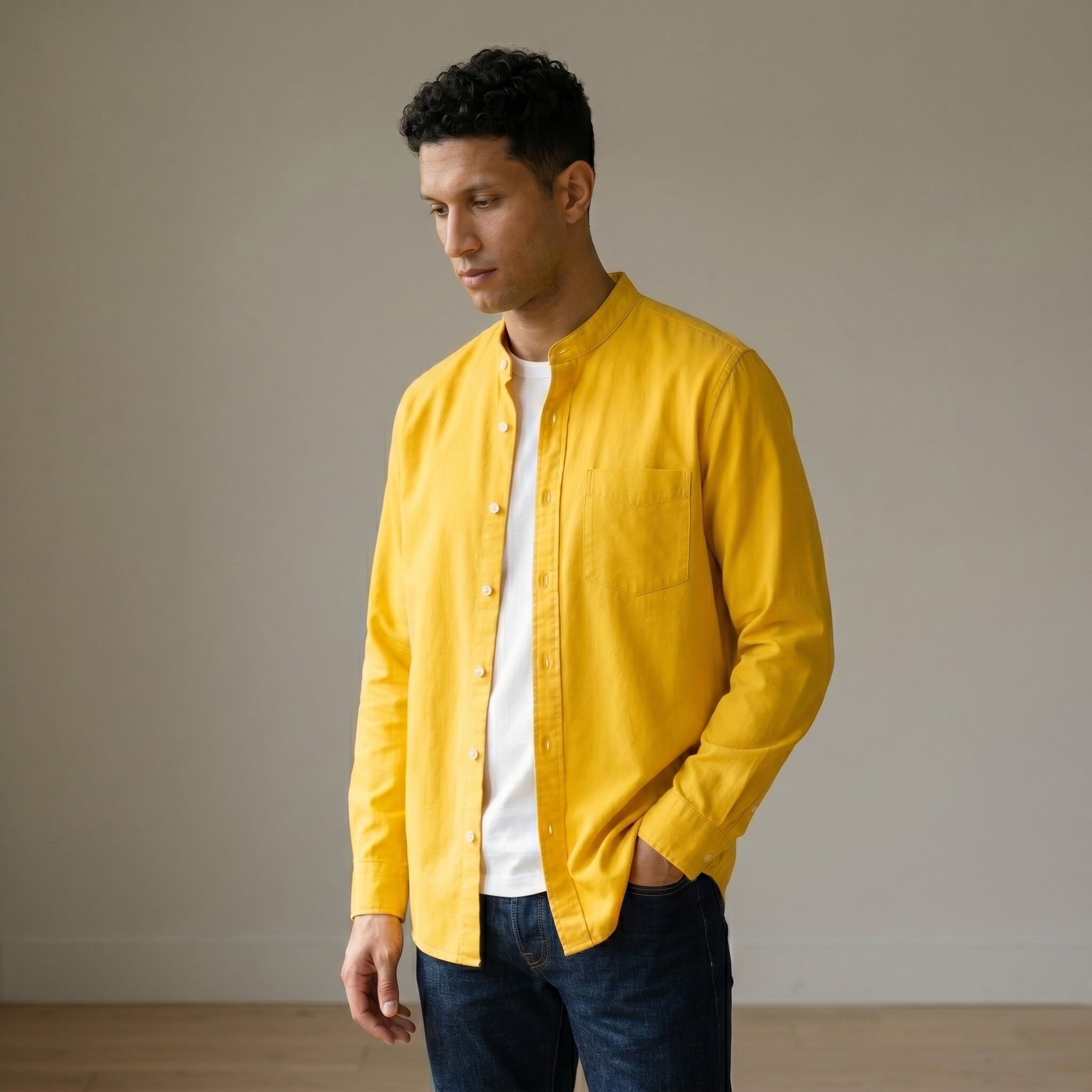 Men's Grandad-Collar Long-Sleeve Shirt-Azzella London