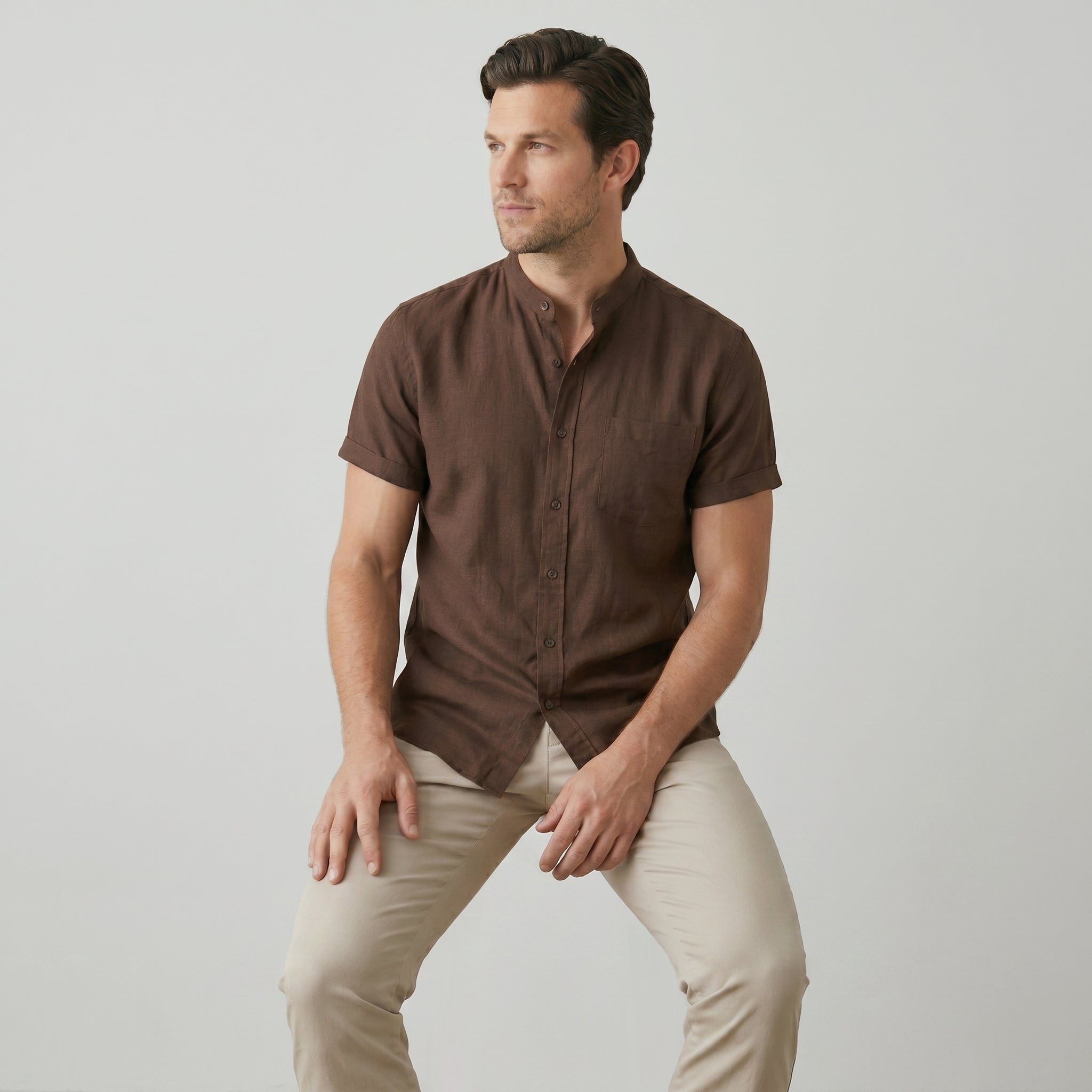 Men's Heathered Linen-Blend Collarless Shirt-Azzella London