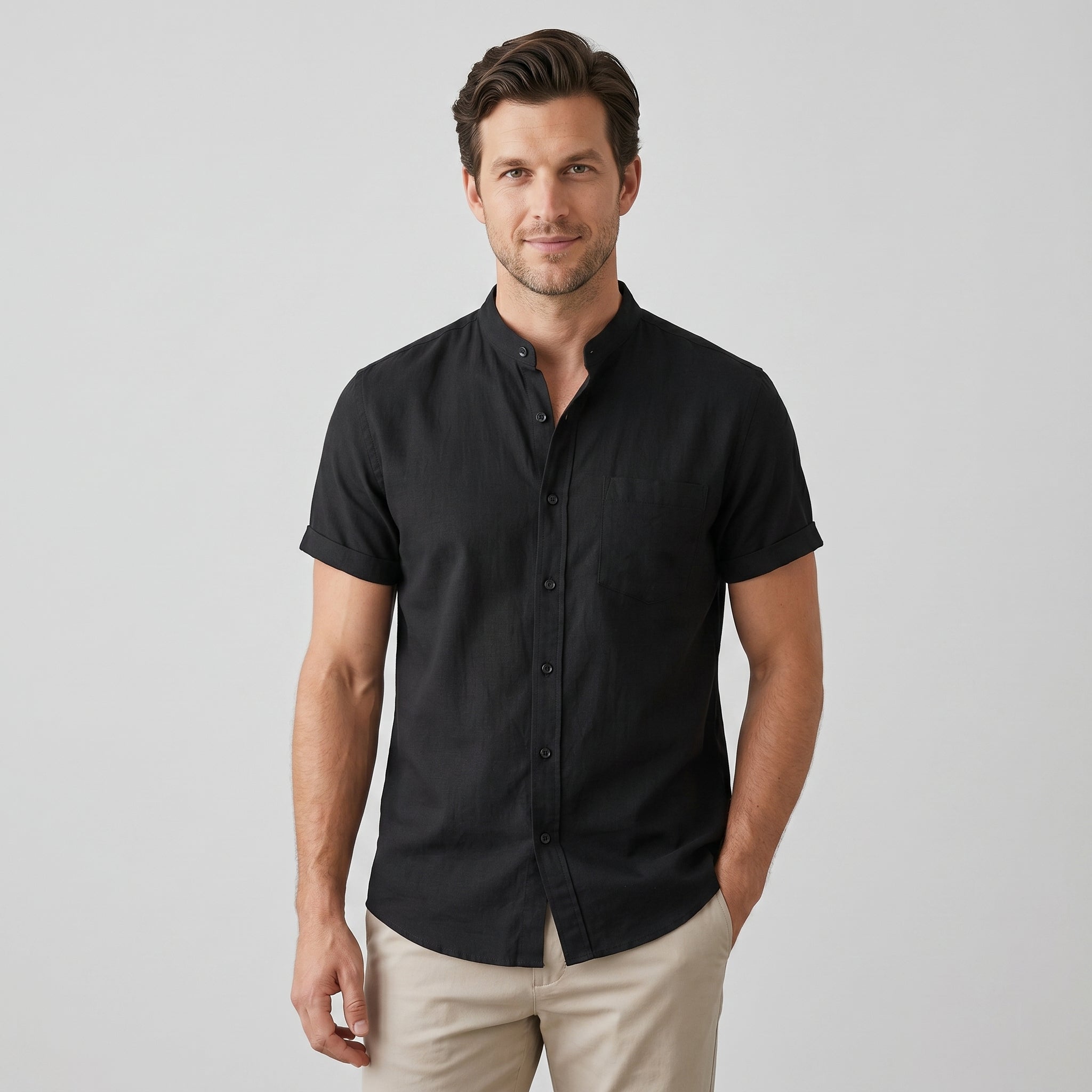 Men's Heathered Linen-Blend Collarless Shirt-Azzella London