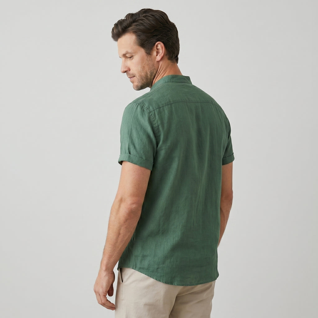 Men's Heathered Linen-Blend Collarless Shirt-Azzella London