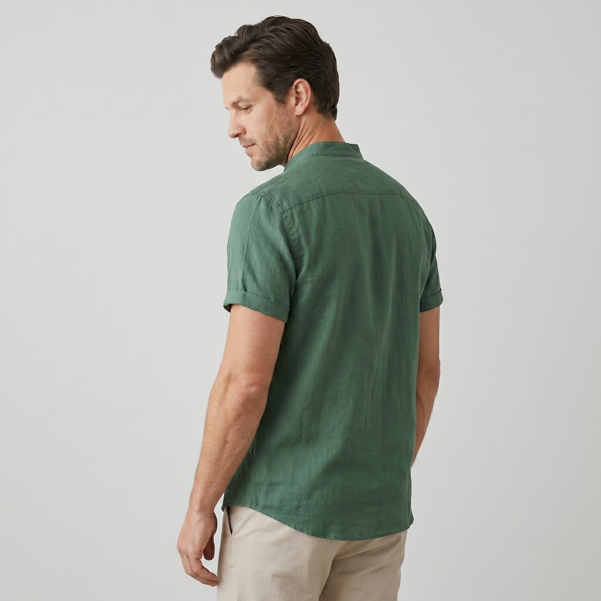 Men's Heathered Linen-Blend Collarless Shirt-Azzella London