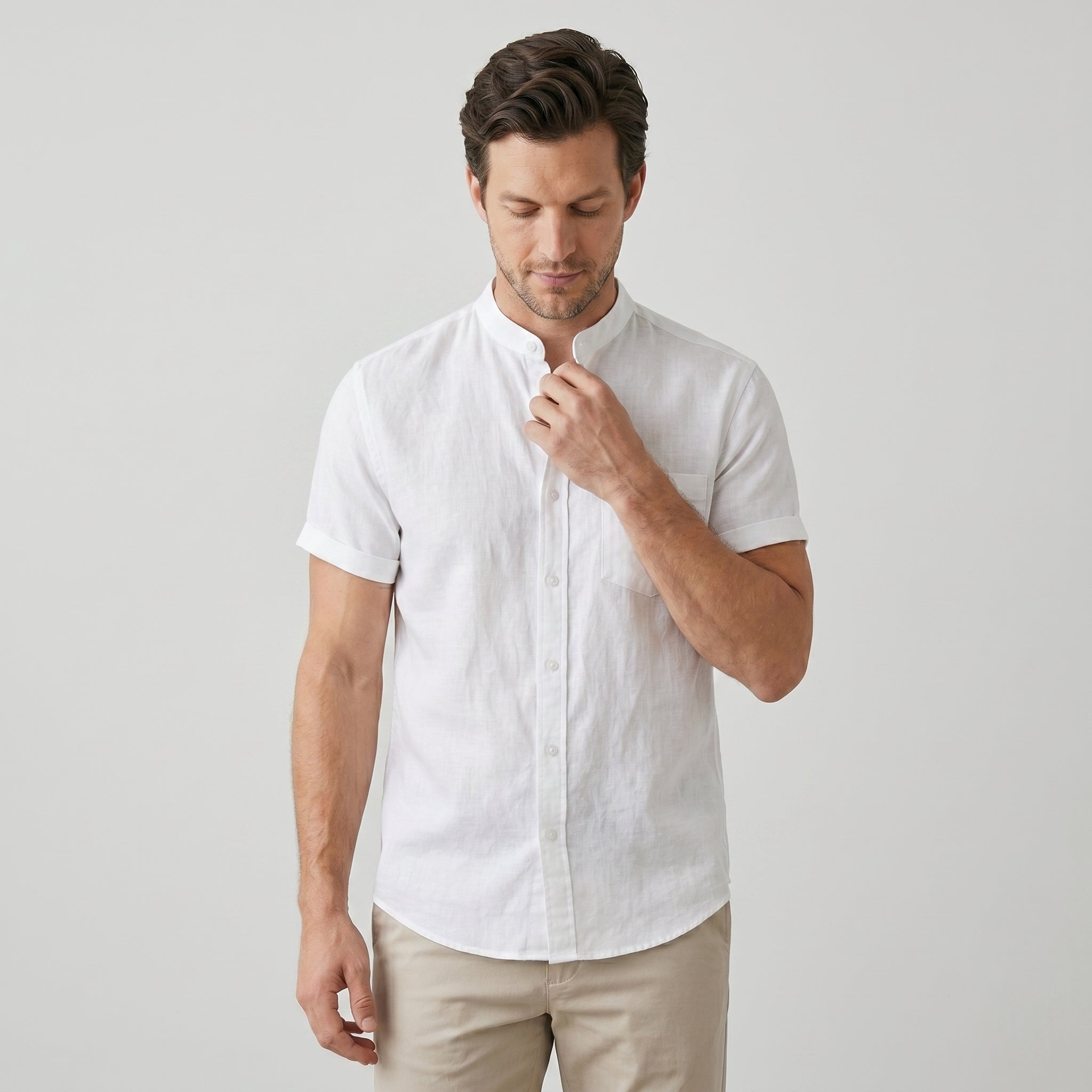 Men's Heathered Linen-Blend Collarless Shirt-Azzella London
