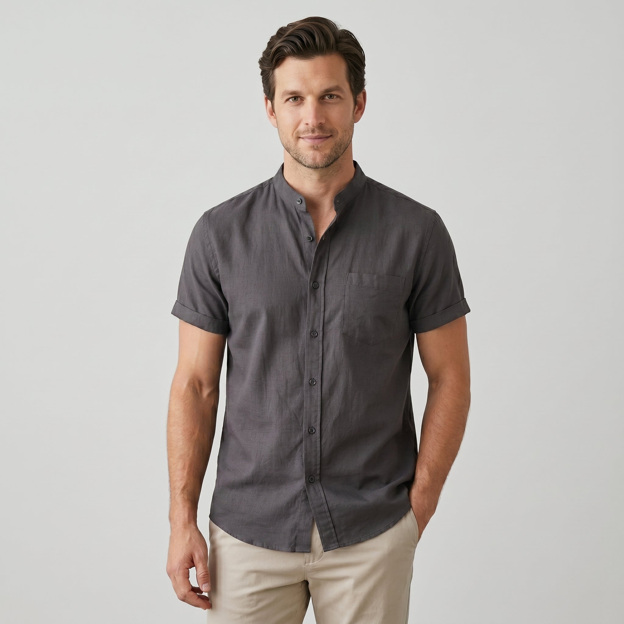 Men's Heathered Linen-Blend Collarless Shirt-Azzella London