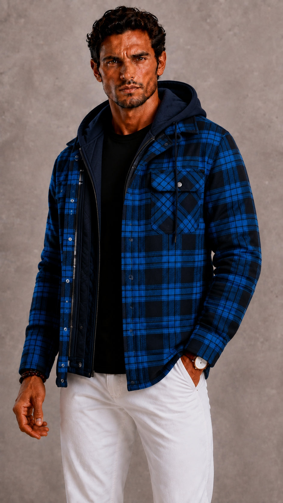 Men's Hooded Check Winter Jacket-Azzella London