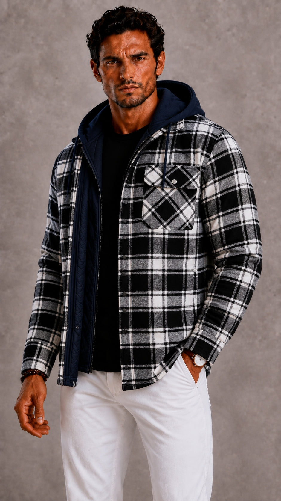 Men's Hooded Check Winter Jacket-Azzella London