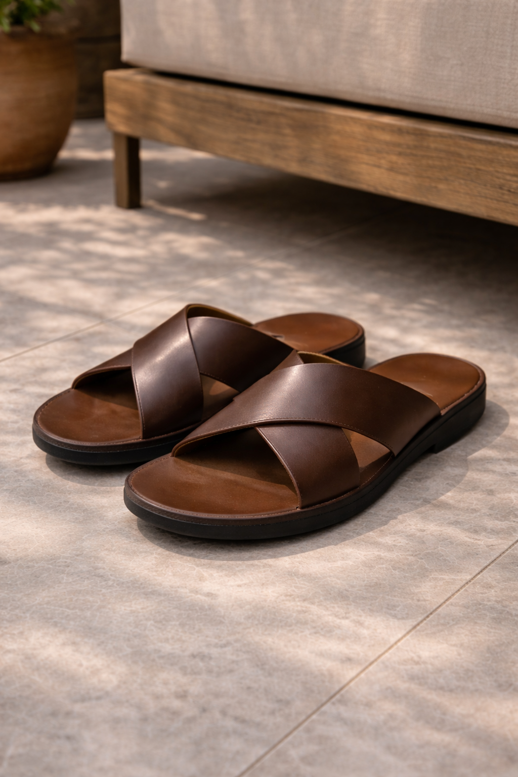 Men’s Leather Slide Sandals Cross Strap Summer Comfort-Azzella London