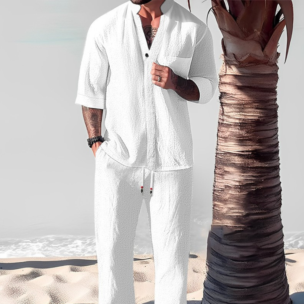 Men’s Linen Two-Piece Shirt and Relaxed Trousers Set-Azzella London