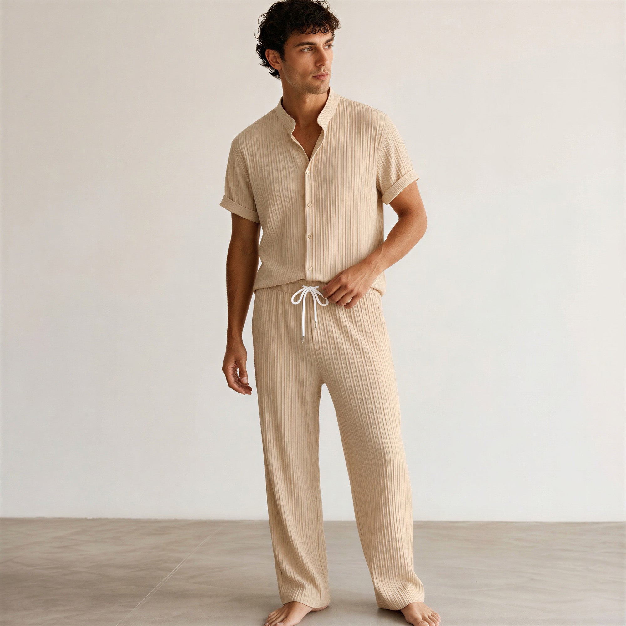 Men's Pleated Short-Sleeve Shirt and Drawstring Trousers Set-Azzella London