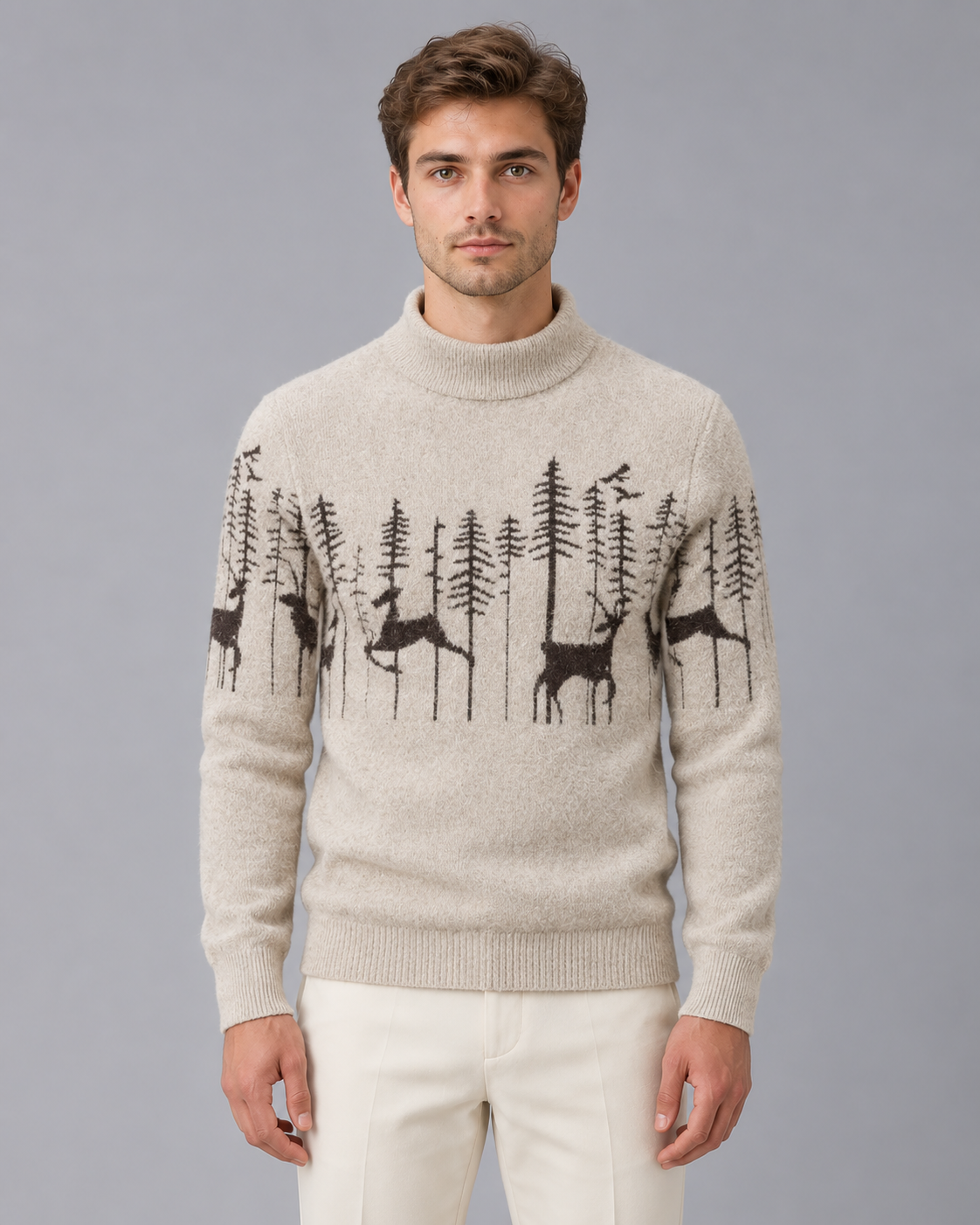Men's Reindeer Mock Neck Christmas Jumper-Sweater-Azzella London