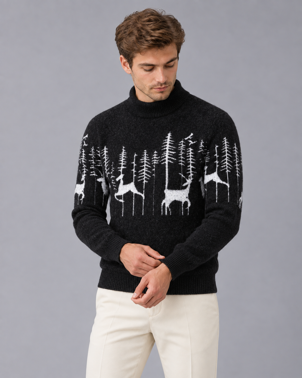 Men's Reindeer Mock Neck Christmas Jumper-Sweater-Azzella London