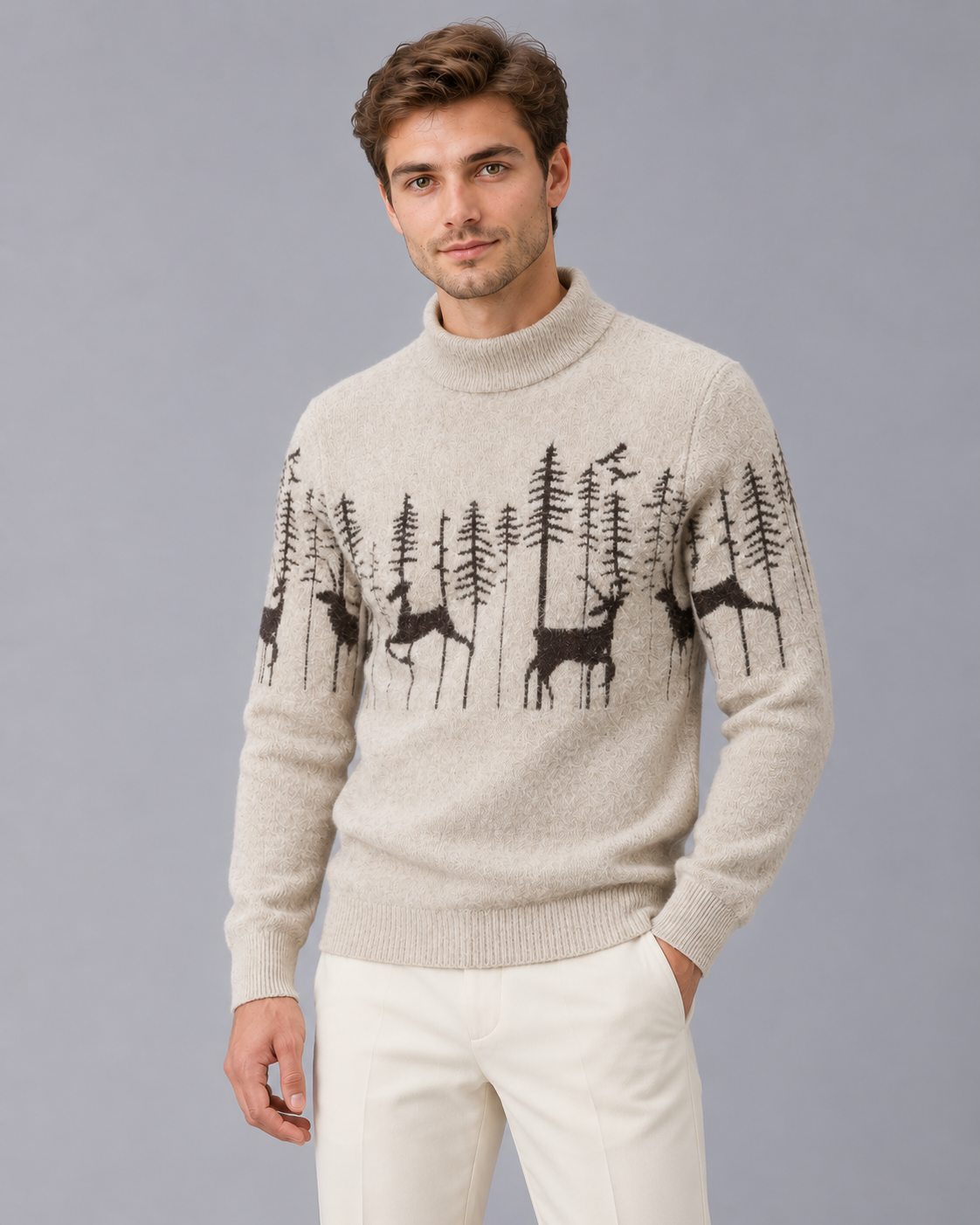 Men's Reindeer Mock Neck Christmas Jumper-Sweater-Azzella London
